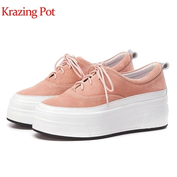 

Krazing pot new recommend sheep suede platform thick bottom lace up round toe wedge women casual deep mouth vulcanized shoes L20