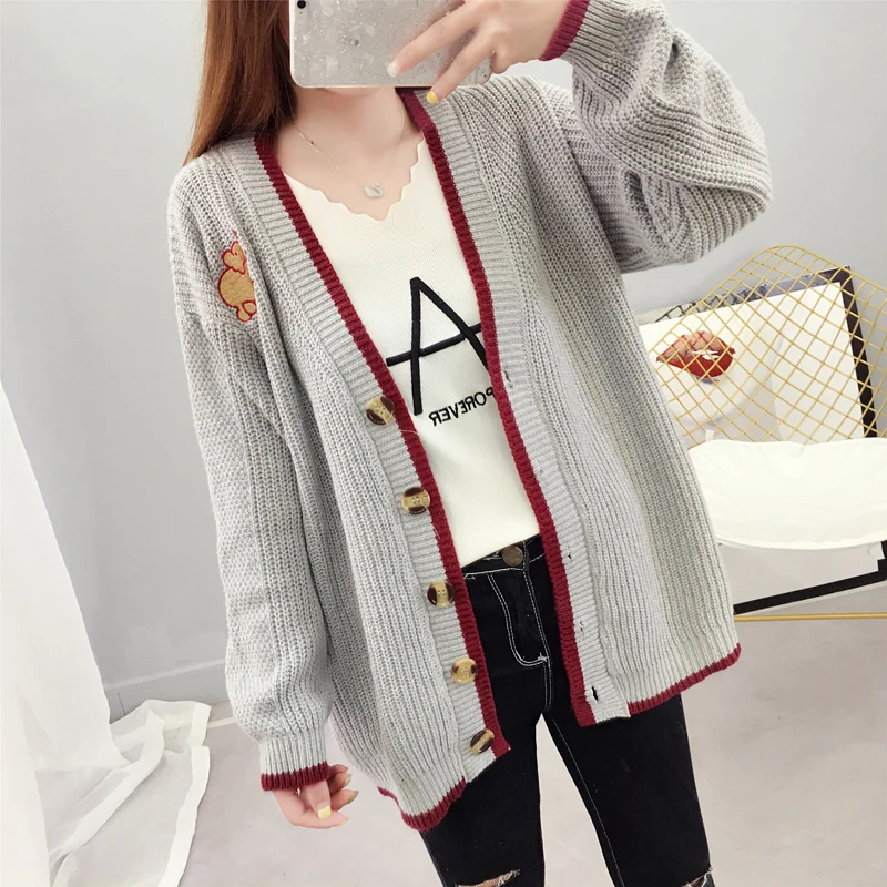 ^*Best Offers Harajuku V-neck Cardigan Sweater Female Loose Knit Sweaters Coat Christmas Sweater Woman Winter 2019