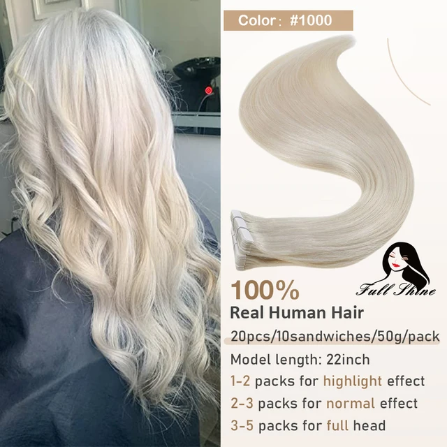 Full Shine Tape In Human Hair Extensions Blonde 100% Real Remy Human Hair Skin Weft Adhesive Glue On For Salon High Quality 1000White Blonde