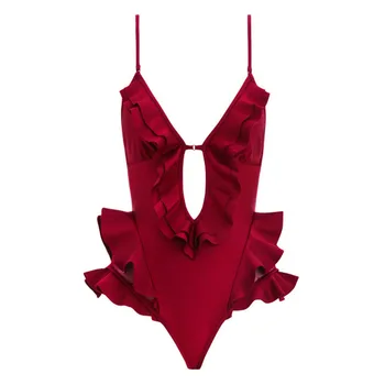 

2020 Season Sling Chic Charm Sexy Deep V Hollow Out Lotus Leaf Edge Siamese Bikini Swimwear