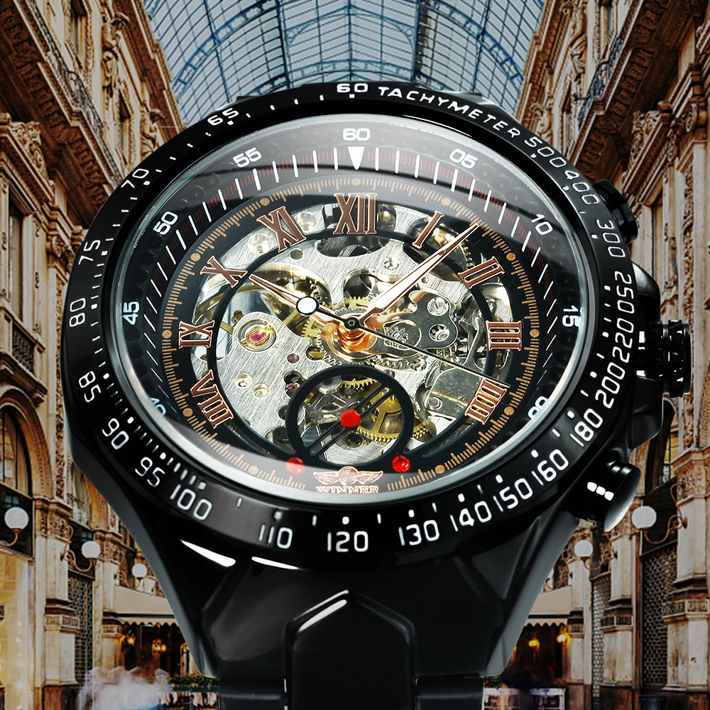 Mechanical Sport Design Bezel Gold Watch Men Automatic Mens Watches Skeleton Wristwatch Winner