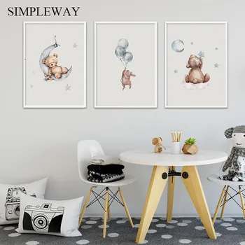 

Child Poster Baby Nursery Wall Art Print Bear Bunny Woodland Animal Canvas Painting Picture Nordic Kids Baby Bedroom Decoration