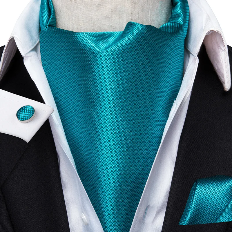 Hi-Tie Silk Men's Ascot Tie Pocket Square Cufflinks Set Cravat Ascots Scrunch Self British Style Gentleman Dress Scarves Party