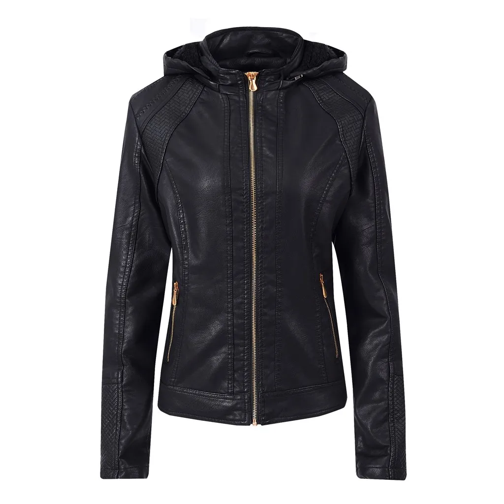 Черный Chaquetas mujer,, зимнее пальто для женщин, осень, плюс бархат, на молнии, Женская мотоциклетная кожаная куртка с капюшоном, пальто, abrigos mujer - Цвет: Черный