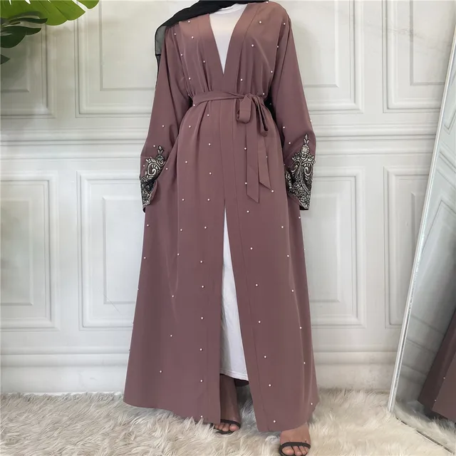 Middle East Ramadan Lace With Pearls Design Abaya Dubai Kimono Kaftan Caftan Turkish Islamic Clothing Muslim For Women Maxi Robe 5