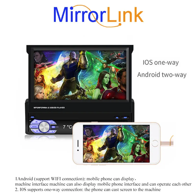  1 din for Android/IOS Device Manual Telescopic Screen Car Radio Mirror Link GPS Navigation MP5 Play