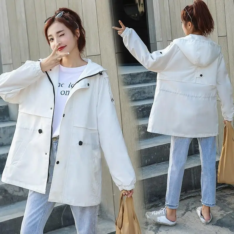 

Nice Autumn Women Black White Hoodies Top Plus Size Students Baseball Clothes Medium Length Windbreaker Coats