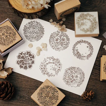 

Wooden wind retro flower simple pattern seal diy decoration student surrounding stationery seal bullet journal rubber stamps