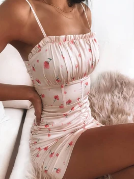 

Summer Cami Mini Bodycon Sexy Square Neck Floral Dress 2020 Floral Spaghetti Strap Ruffle Trim Dress