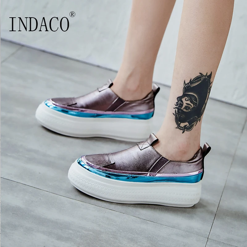 

Silver Sneakers Woman Leather Sneakers Platform Slip on Casual Shoes 6cm