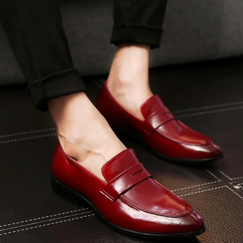 ERRFC/мужские повседневные кожаные туфли в британском стиле Классические офисные туфли с острым носком без шнуровки Мужские красные, синие, коричневые размеры 38-48