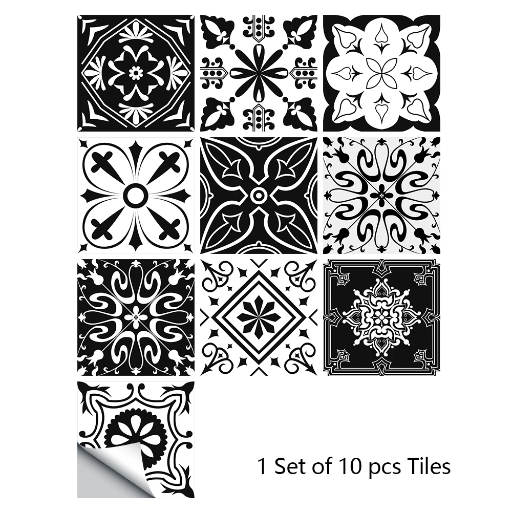 Black & White Pattern Matte Surface Floor Sticker Adhesive Tile Decoration Film For Tiles /Ground in Kitchen Bathroom Non-slip decorative tile stickers