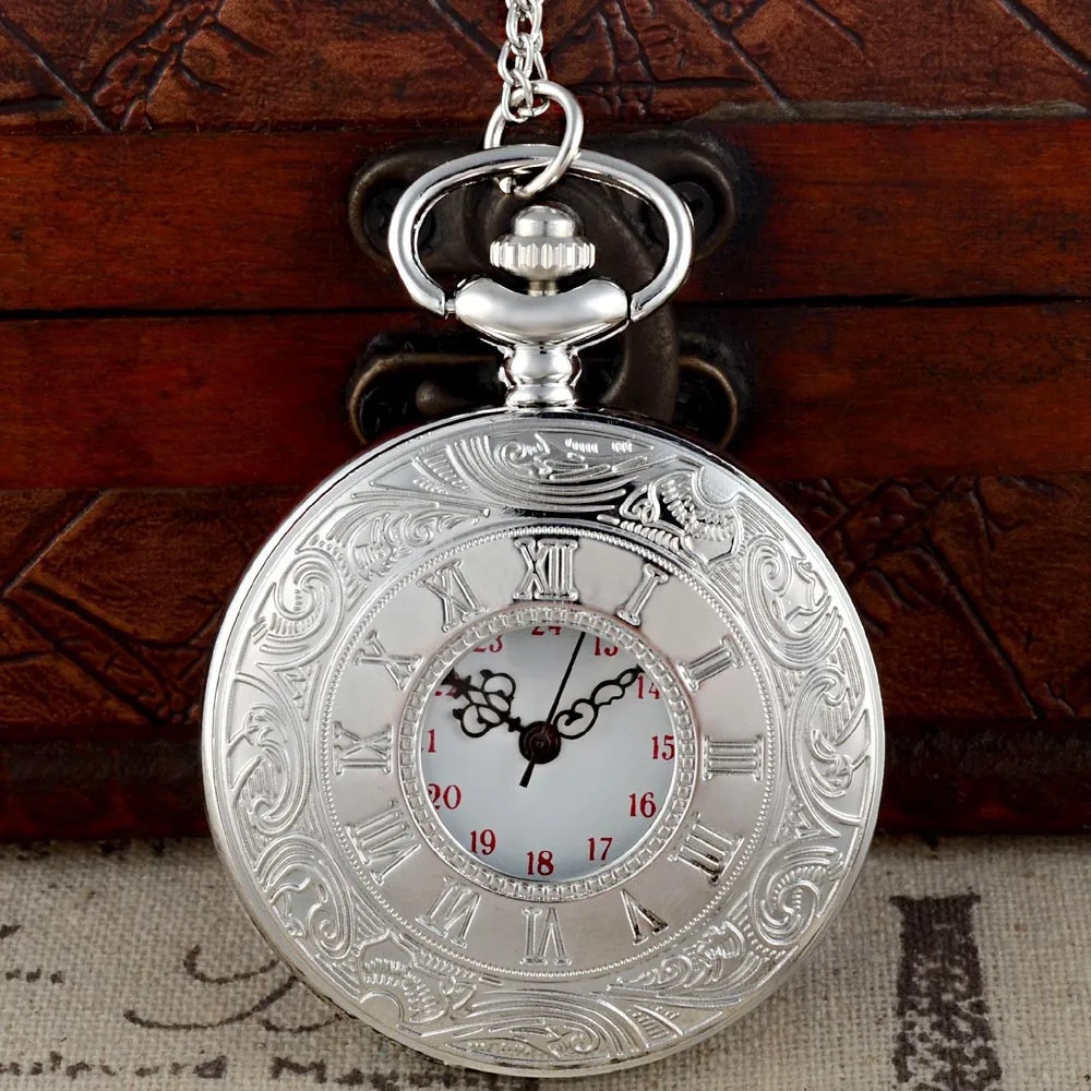 

IBEINA Hollow Roman Numbers Silver Color Theme Full Hunter Quartz Engraved Fob Retro Pendant Pocket Watch Chain Gift