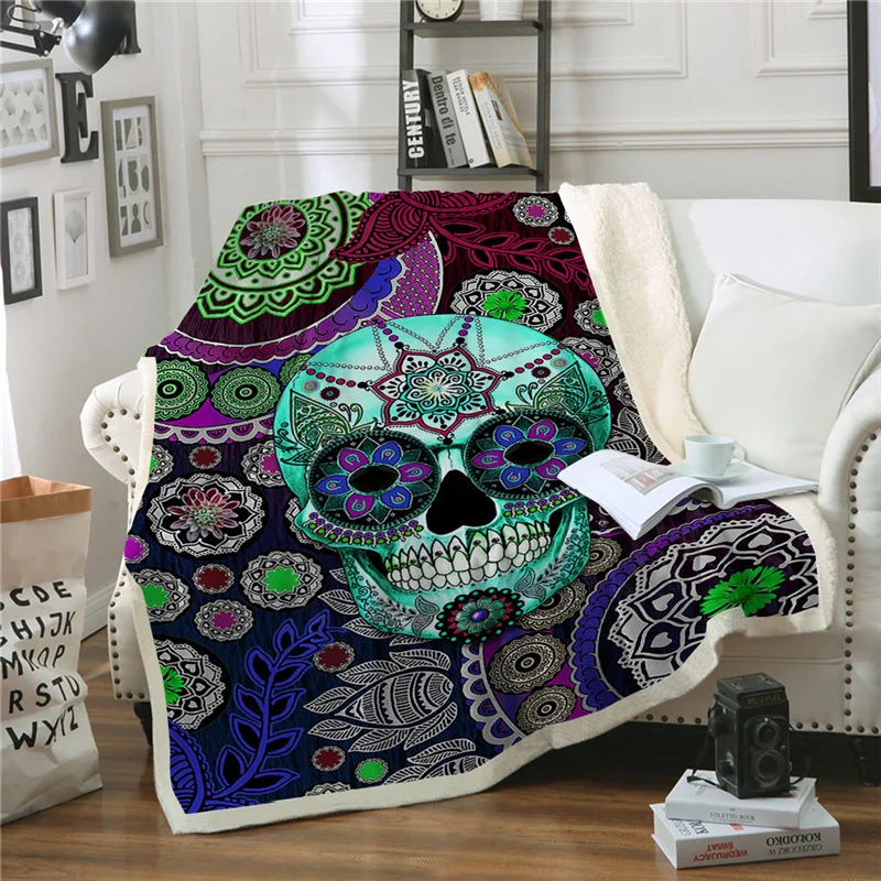 Готический Бросьте Одеяло сахарный череп цветок из ткани шерпа супер мягкие