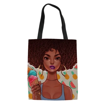 

HaoYun Fashion Women Linen Bags African Girls Prints Patterner Girls Canvas Handbags Cartoon Afro Arts Design Shopping Bags
