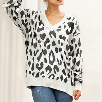 

2020 Autumn Winter Women V Neck Long Sleeve Leopard Jacquard Loose Fashion Sweater Long Sleeve Pullover Knit Sweater Tops