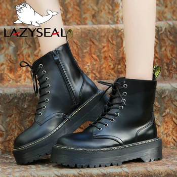 

LazySeal Thick Bottom Platform Boots Women Waterproof Short Boots Chunky Heels Womens Booties Cross-tied Round Toe Zipper Shoes