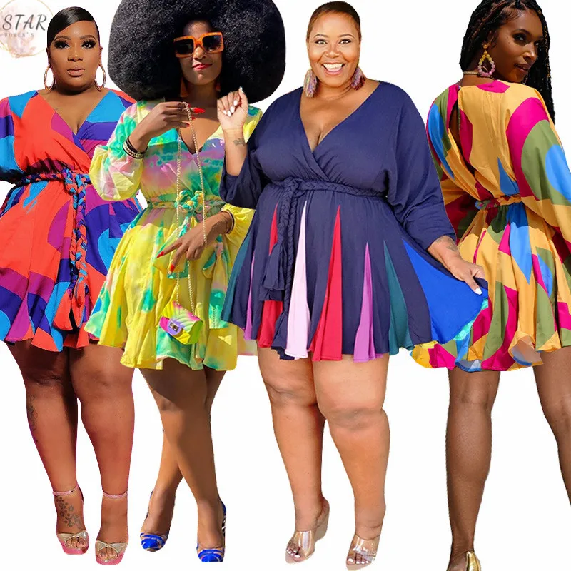 Plus Size S-5XL Dress Women Spring Clothes Casual Print V Neck Long Sleeve Mini Dresses with Sashes Beach Wholesale Dropshpping