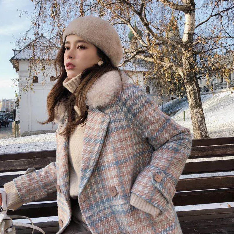 

Women Elegant Outerwear Coat Winter Clothing Fashion Pink Warm Woolen Blends Female Elegant Double Breasted Woolen Coat