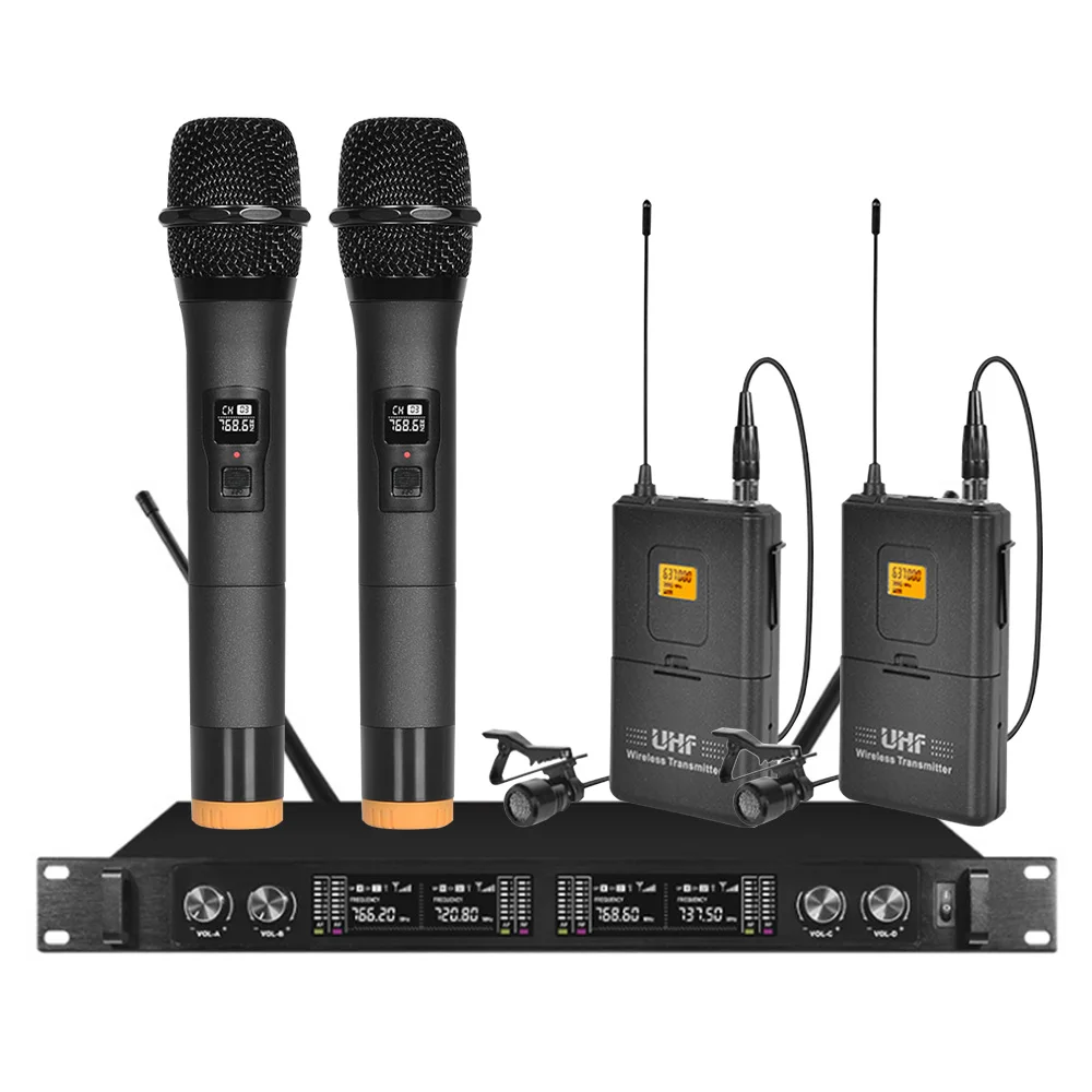 

Professional wireless microphone system 4-channel microphone 2 lavaliers 2 hand-held for church stage performance