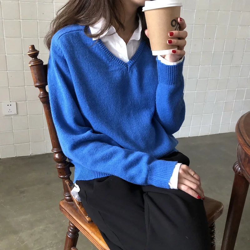 

Knited V Neck Sweater Women Brief Pullover Sweaters Solod Color