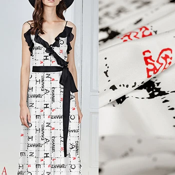 

130CM Wide 16MM Letters Print Stretch White Silk Crepe de Chine Fabric for Summer Dress Shirt Scarf Cheongsam Suit E1239
