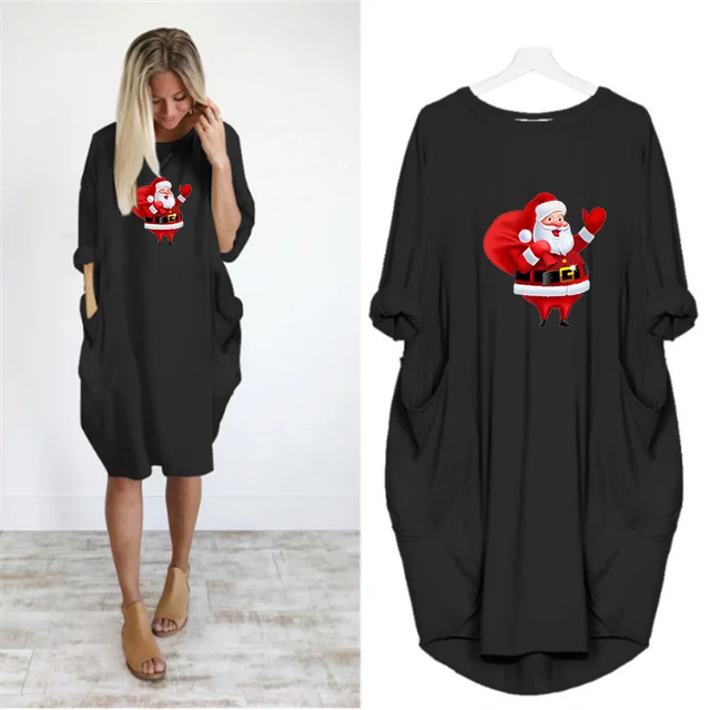 Navidad Women Dress Christmas Pocket Casual Loose Vintage Party Fall Clothes Santa Claus Kawaii Womens  Dresses D002M544 Black