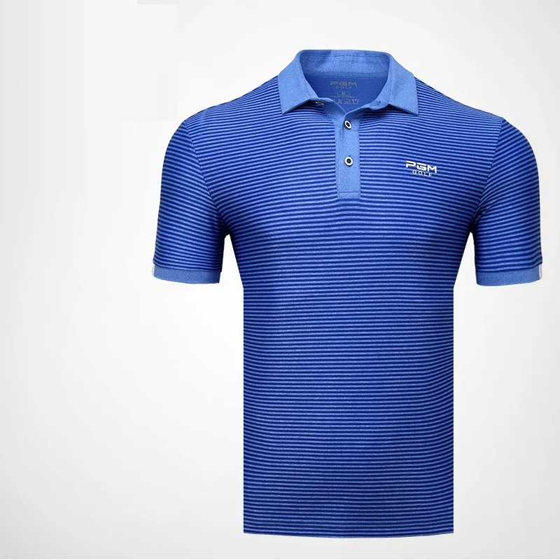 PGM Golf Polo рубашки для мужчин с коротким рукавом тренировочная футболка для мужчин Фитнес Футболка летняя полосатая футболка с отложным воротником Топы для бега футболка - Цвет: Navy Blue