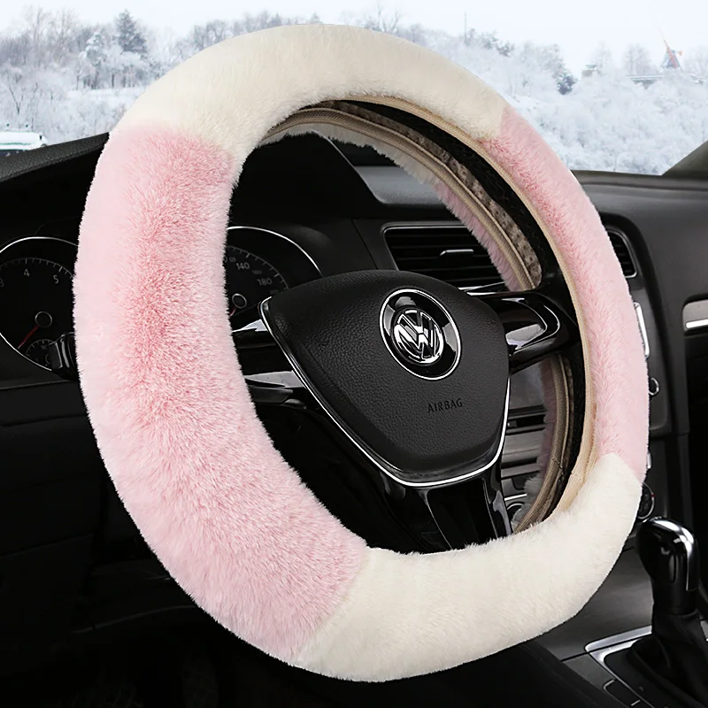 

KKYSYELVA Warm Fur Car steering wheel cover Winter Woolen Interior Accessories 38cm wool Auto Steering-wheel Covers