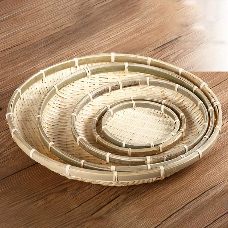 

Handmade Bamboo Weave Round Storage Tray Fruit Dish Rattan Bread Basket for Picnic Sundry Container Kitchen Storage Tray