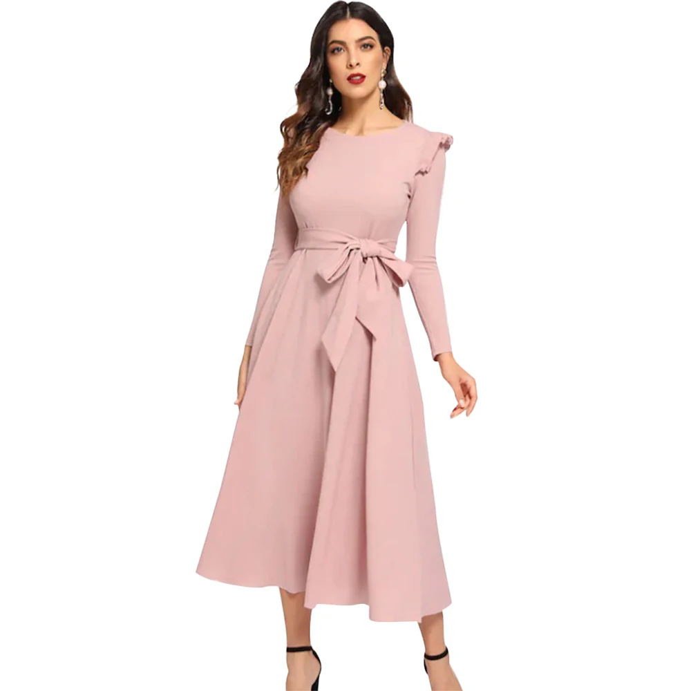 

Autumn Winter Elegant Ruffle Trim Belt Midi Dress Women Fashion Solid O-neck High Waist A-Line Dress Office Party Dress Vestidos
