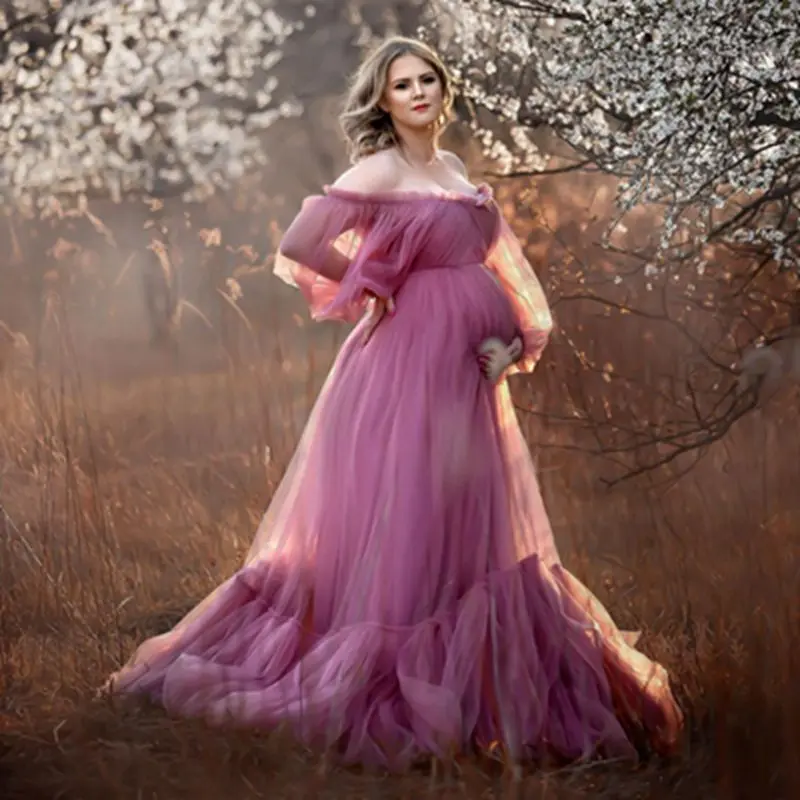 

Sweet Dusty Pink Tulle Pregnancy Women Dress Off The Shoulder Long Sleeves Ruffles Mesh Maternity Gowns For Photography