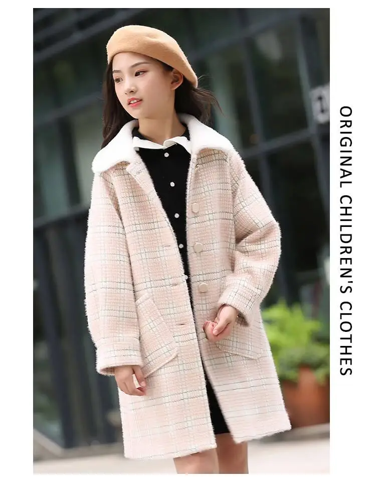 Autumn Winter Kids Girl Faux Mink Fur Overcoat Fashion Plaid Long Jacket Children Casual Turn-Down Collar Woolen Coats K20