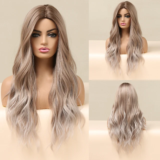 HENRY MARGU Long Black Brown Body Wave Synthetic Wigs Heat Resistant Natural Cosplay Wigs for Women Middle Part Hair Wigs LC5308-1