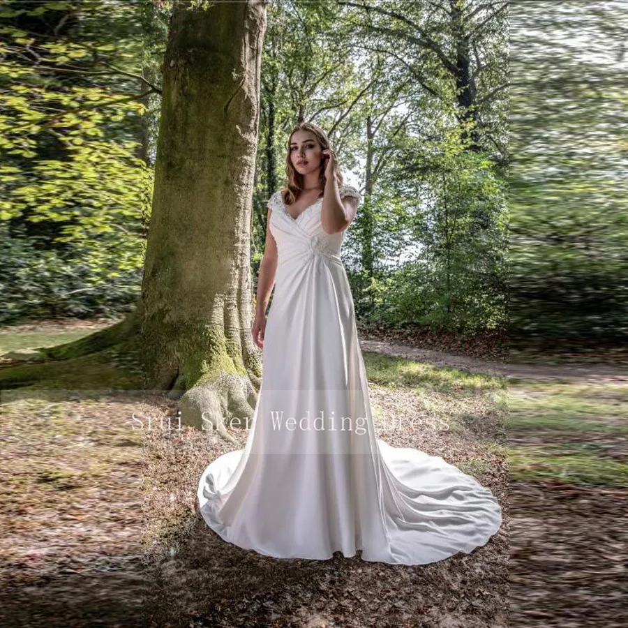 

New Style Plus Size Wedding Dress A-Line Ruched Bridal Gowns V-Neck Lace up Bridal Dresses Court Train