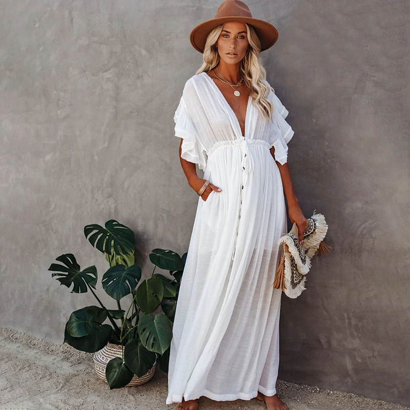 Good Deal Bikini Cover-Ups Tunic Swim-Suit Beach-Dress Sexy White Elegant Long Plus-Size Summer 1005001482440041