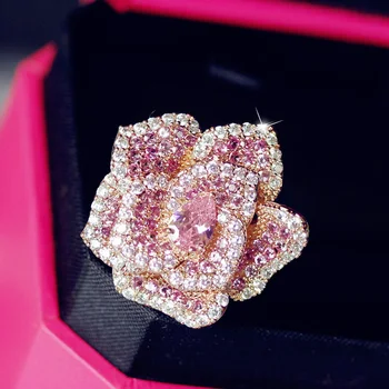 

Fashion Big Pink aesthetic Multilayer flower Rings Full Cubic Zirconia stone setting wedding Party Jewelry For Women Accessories