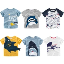 Футболка с короткими рукавами и принтом акулы для мальчиков; летняя Милая хлопковая Футболка с круглым вырезом для детей; футболка для мальчиков; топы;
