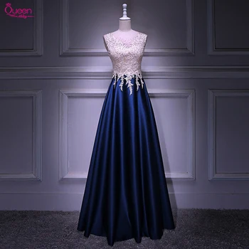 

Satin Evening Dresses Appliques Long Navy Blue A line O Neck Sleeveless Draped Formal Elegant Burgundy Party Gowns Vestido De