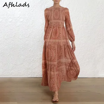 

Runway Vintage Print Holiday Maxi Dress Bohemian Beach Lantern Sleeve Round Neck High Waist Fashion Ankle-Length Dress