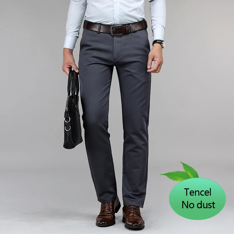 Plus Size 40 42 44 Men's Tencel Casual Pants Not Ash High Quality Fashion Business Straight Elastic Trousers Male Brand Clothes - Цвет: Серый