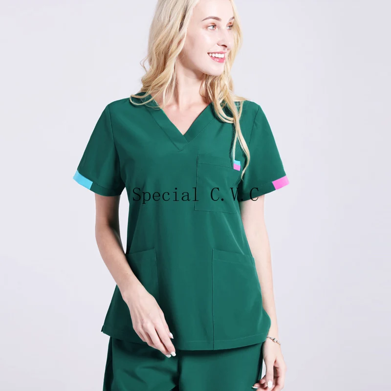 Pure Cotton Scrub Top V Neck Short Sleeve Medical Uniforms Women Color Blocking Surgical Shirt Plug Size Medical Scrubs (a Top)