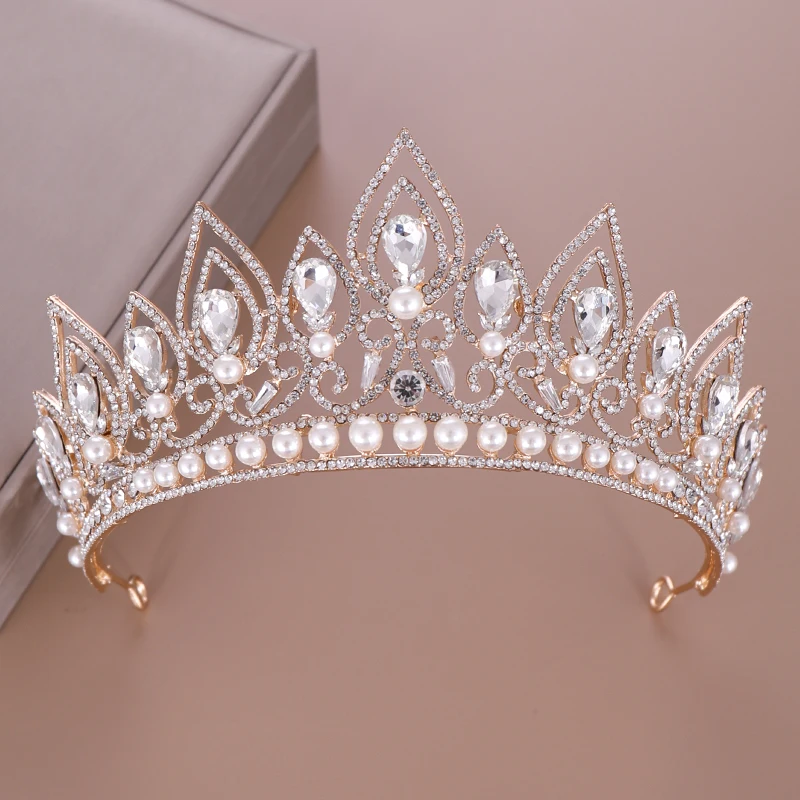 AiliBride, серебро, жемчуг, стразы, Королевская корона, свадебная диадема, Хрустальная корона, украшение для волос, свадебные аксессуары для волос - Окраска металла: Gold
