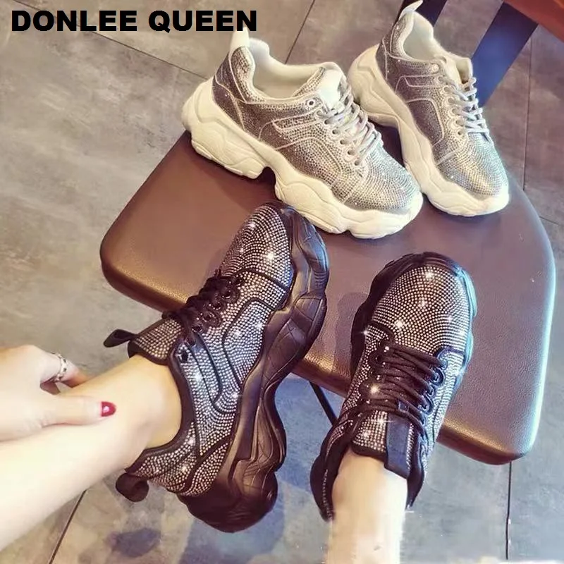

Women Chunky Sneakers Platform Shoes Women Casual Shoes Flats Thick Sole Dad Footwear Bling Rhinestone Lace Up Loafers Chaussure
