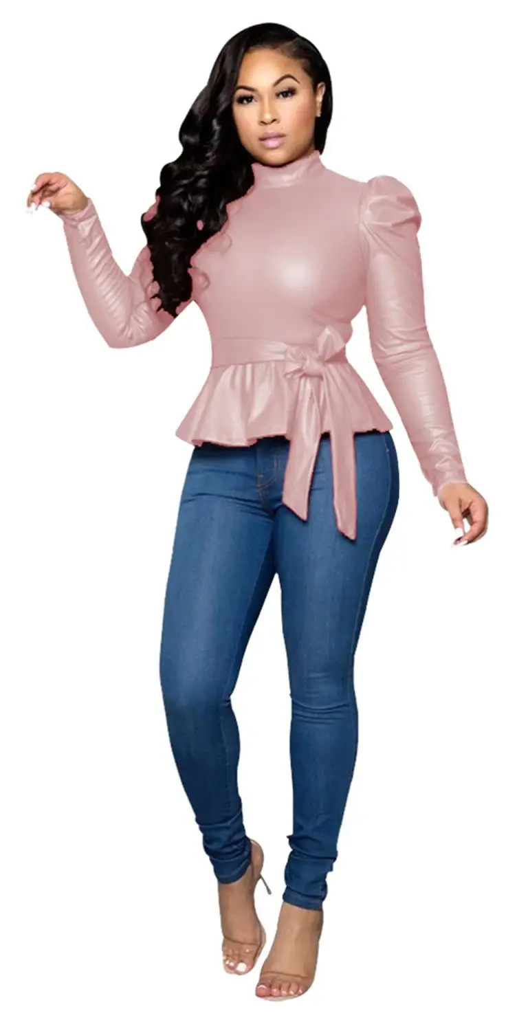 Adogirl Solid PU Leather Peplum Top 2019 Autumn Winter Turtleneck Long Puff Sleeve Fashion Casual Shirt with Belt Female Outfits Adogirl Solid PU Leather Peplum Top 2019 Autumn Winter Turtleneck Long Puff Sleeve Fashion Casual Shirt with Belt Female Outfits