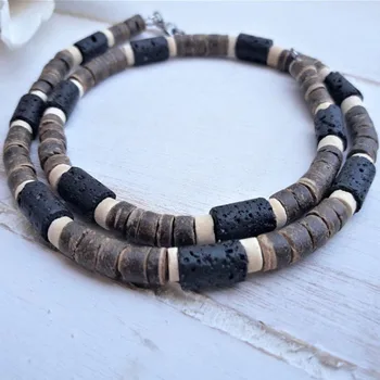 African Necklace Beaded necklace lava stone diffuser necklace Surfer necklace Mens coconut necklace