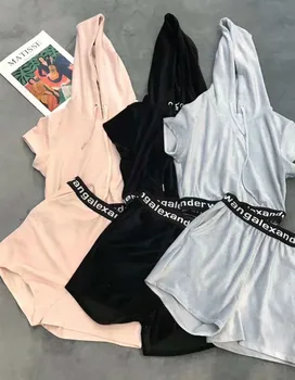 

2020 Spring Summer Black Corduroy Letter Logo Open Navel Short Sleeve Hoodie Sweatshirt Sportswear Shorts Set A2