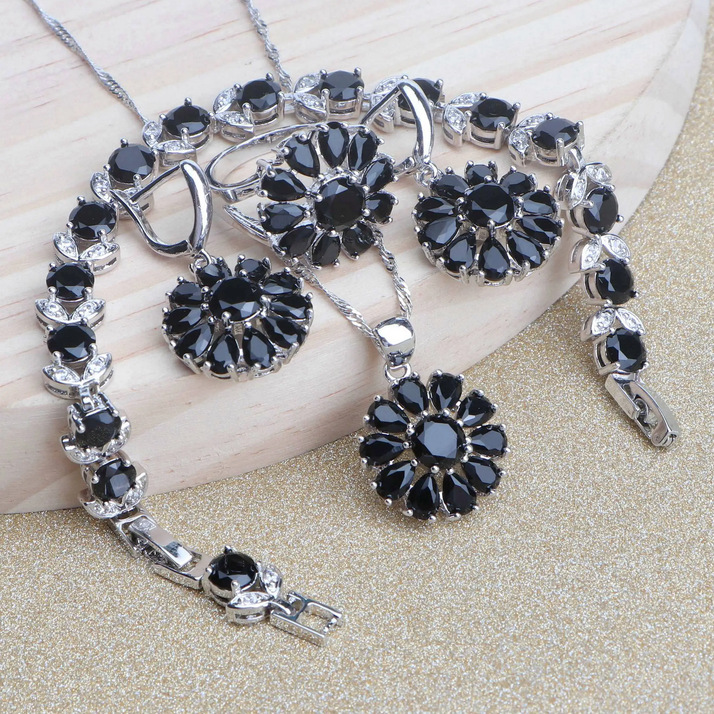 

Black Drop Zircon Bridal 925 Silver Jewelry Sets For Women Earrings Rings Bracelet Wedding Jewelry Pendant Necklace Set