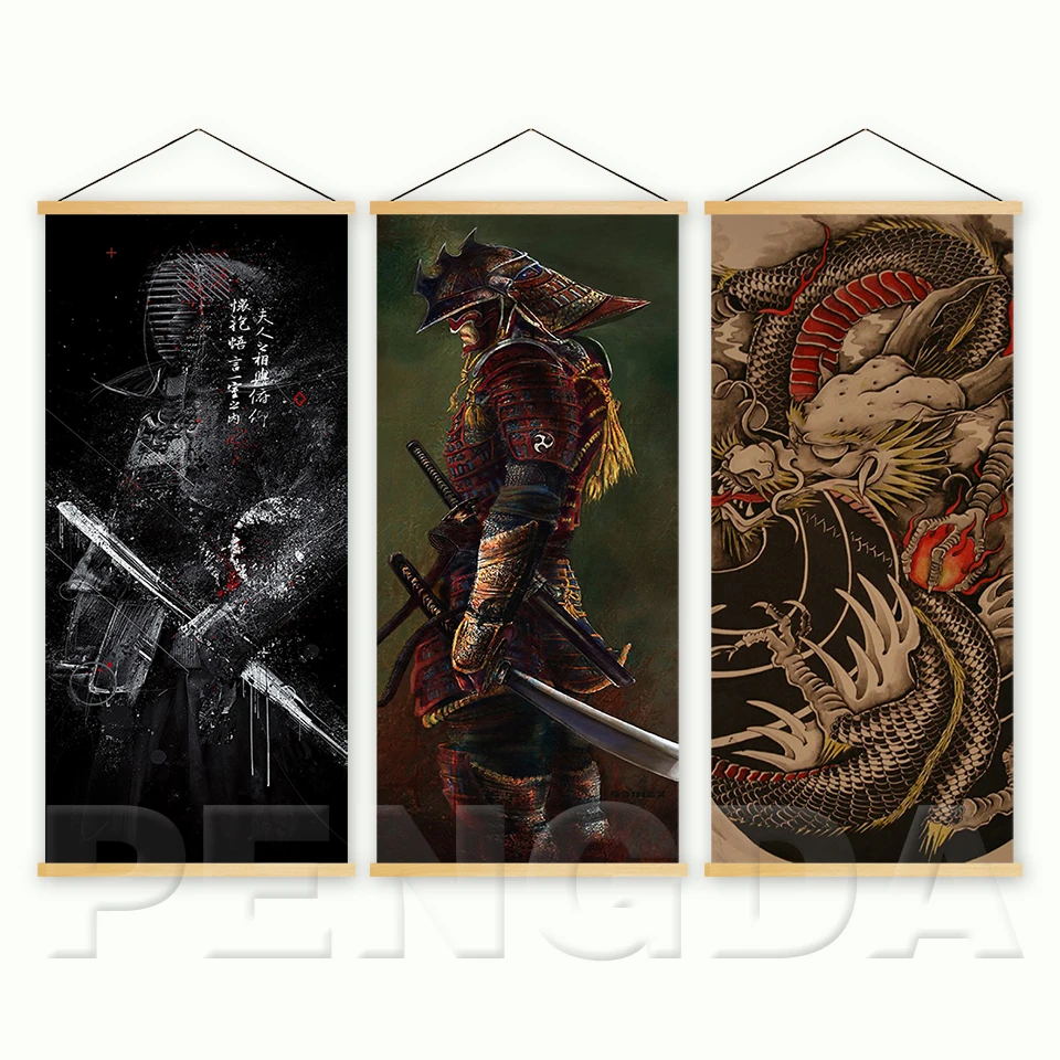 

Home Decor Nordic Style Canvas Picture Printed Japanese Samurai Dragon Scroll Hanging Painting For Living Room Wall Art Poster