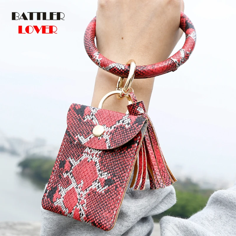 2020 New Hot Sell Keychain Card Bag Snake Wallet PU Leather Tassel Kabaw Fashion Bracelet Keychain Jewelry for Women Men Leopard
